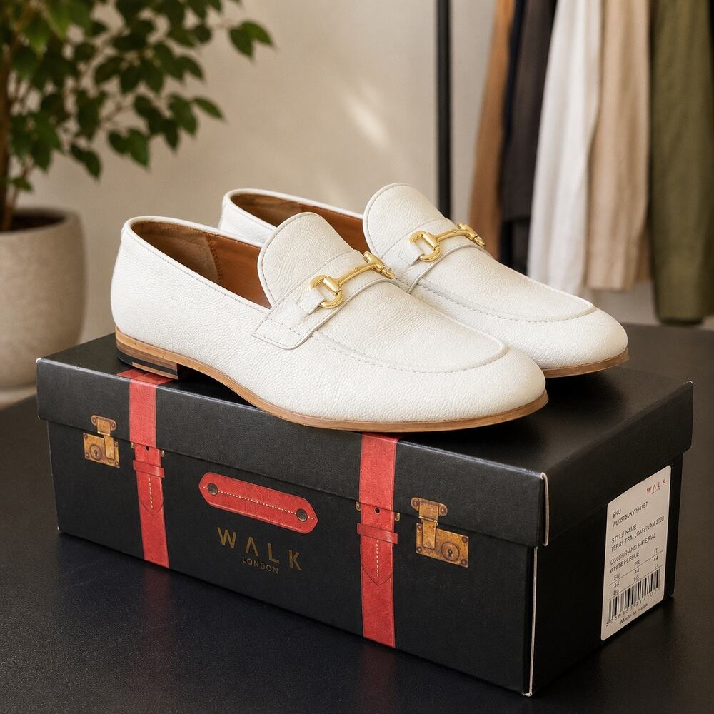 WALK London White Pebble Leather Horsebit Loafers Men’s Size 10 EU 44